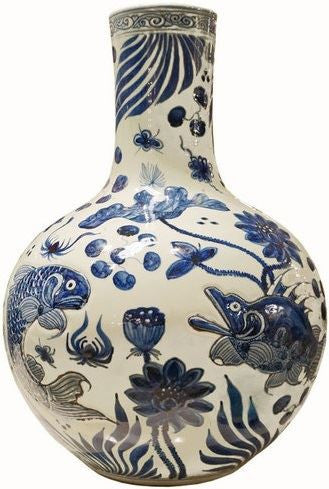 Blue & White Carved Fish Globular Vase