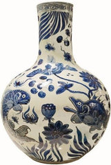 Blue & White Carved Fish Globular Vase
