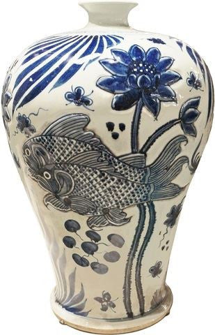 Blue & White Carved Fish Plum Vase
