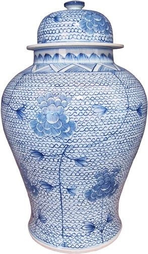 Blue & White Chain Temple Jar 16H