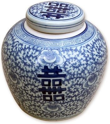 Blue & White Double Happiness Floral Lidded Jar