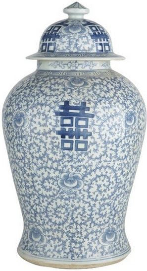 Blue & White Double Happiness Floral Temple Jar