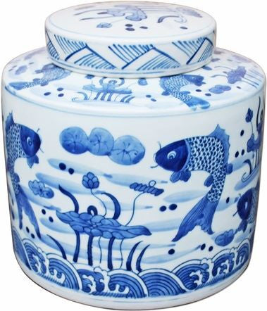 Blue & White Fish Cylinder Tea Jar