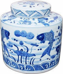 Blue & White Fish Cylinder Tea Jar