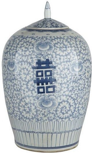 Blue & White Floral Double Happiness Ginger Jar