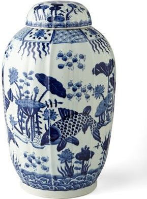 Blue & White Fluted Tea Jar Fish Motif