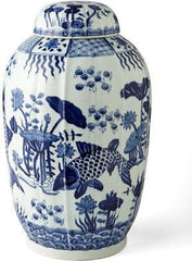 Blue & White Fluted Tea Jar Fish Motif