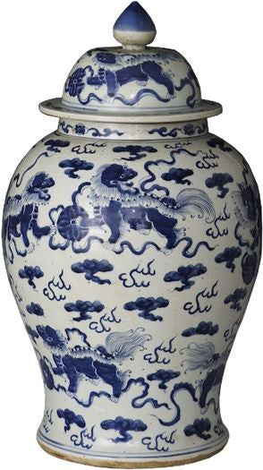 Blue & White Foo Dog Temple Jar