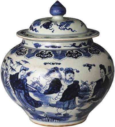 Blue & White Ginger Jar W/ Eight Immortals Motif