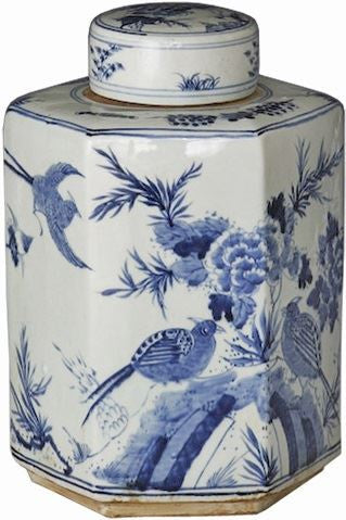 Blue & White Hexagonal  Flower Bird Tea Jar