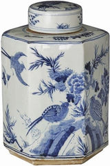 Blue & White Hexagonal  Flower Bird Tea Jar