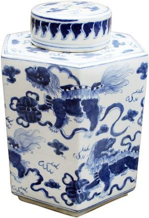 Blue & White Lion Hexagonal Tea Jar