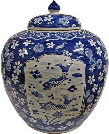 Blue & White Medallion Plum Fish Ginger Jar