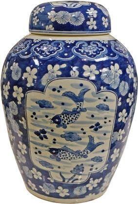 Blue & White Medallion Plum Fish Heaven Jar