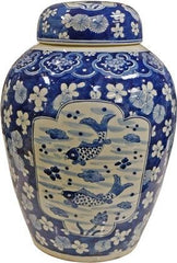 Blue & White Medallion Plum Fish Heaven Jar