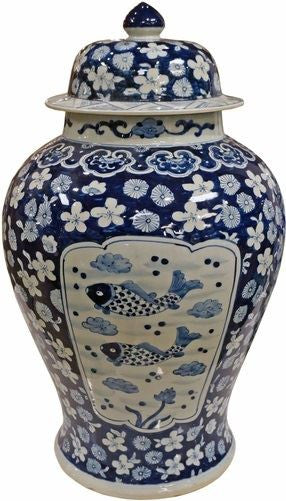 Blue & White Medallion Plum Fish Temple Jar