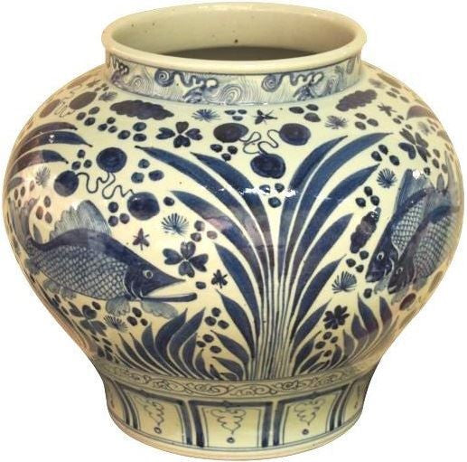 Blue & White Open Top Fish Jar