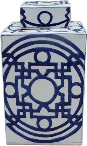 Blue & White Square Tea Jar With Pattern of Lines