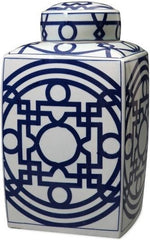 Blue & White Square Tea Jar With Pattern of Lines - Large