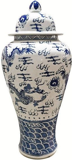 Blue & White Temple Jar Sea Dragon Motif - XL