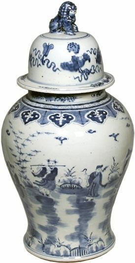 Blue & White Temple Jar W/ 8 Immortals Motif
