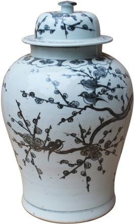 B&W Yuan Dynasty Magpie Plum Blossom Temple Jar