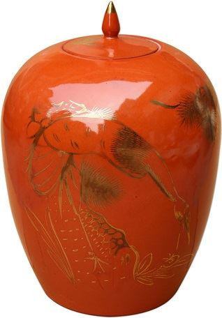 Orange Ginger Jar With Gilt Pine & Crane