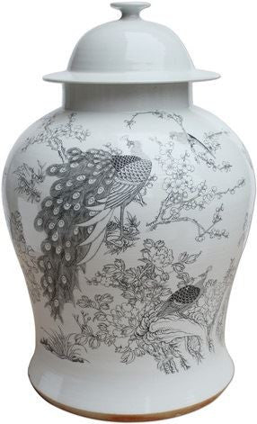 White Temple Jar With Black Peacock Motif