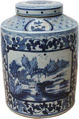 B&W Dynasty Tea Jar Floral Landscape Medallion
