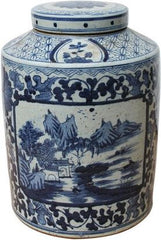 B&W Dynasty Tea Jar Floral Landscape Medallion