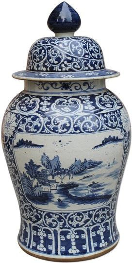 B&W Dynasty Temple Jar Floral Landscape Medallion