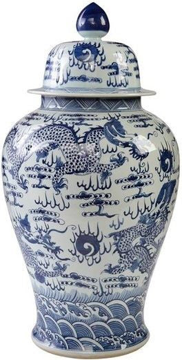 Blue & White Temple Jar Sea Dragon Motif - L