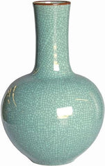 Crackle Celadon Globular Vase W/ Brown Lip