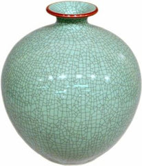 Crackle Celadon Pomegranate Vase W/ Brown Lip