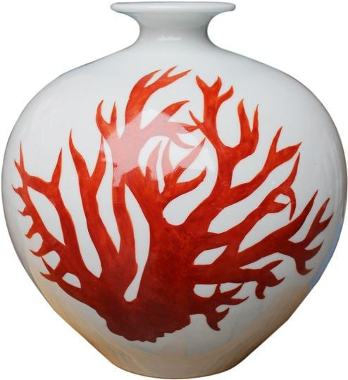White Pomegranate Vase - Red Coral