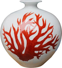White Pomegranate Vase - Red Coral