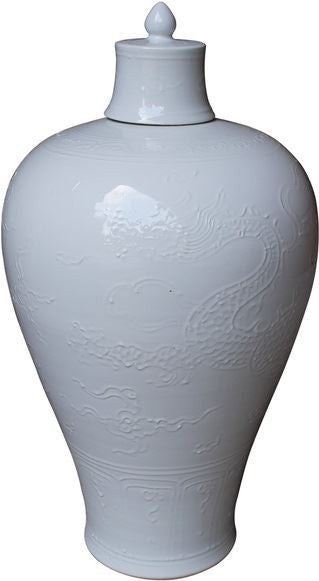 White Carved Dragon Plum Vase With Lid