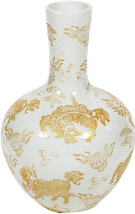 White Globular Vase Gold Kylin - 17H