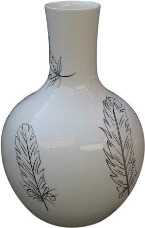 White Globular Vase With Black Feathers