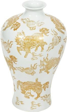 White Plum Vase Gold Kylin - 17H