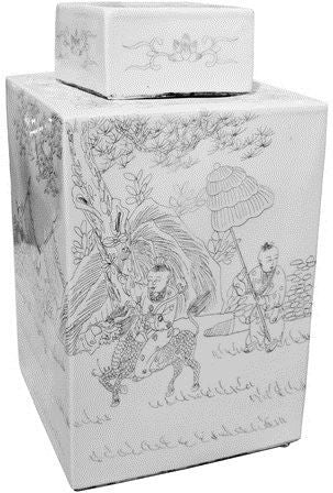 White Square Tea Jar Carving People