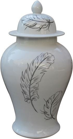 White Temple Jar With Black Feathers