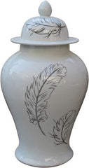 White Temple Jar With Black Feathers