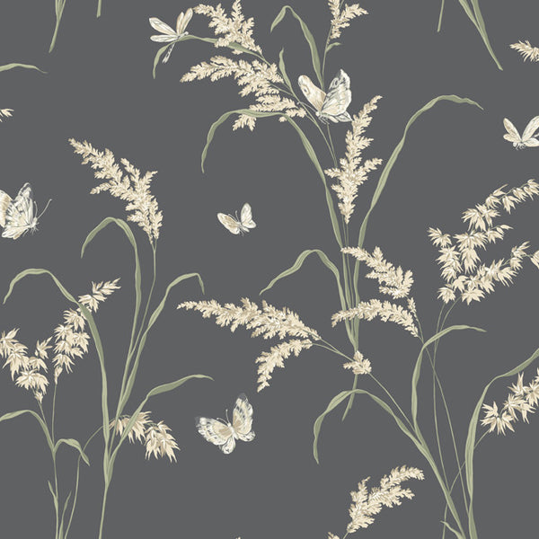 York AB1816 Black & White Tall Grass W/Butterflies Wallpaper