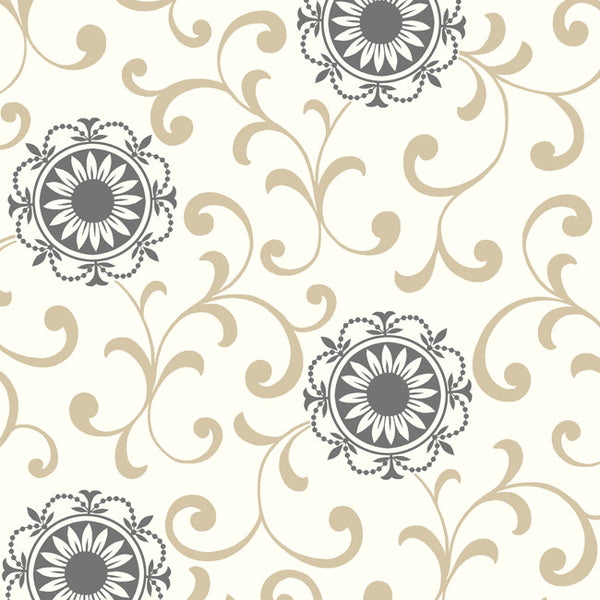 York AB2175 Black & White Medallion W/Scroll Wallpaper