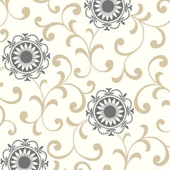 York AB2175 Black & White Medallion W/Scroll Wallpaper