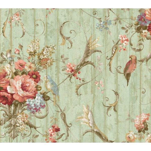York HA1326 Blue Book Parrots With Floral Bouquets Wallpaper