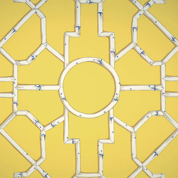 Scalamandre Wallpaper WP81630-001 Baldwin Bamboo Cream & Blue On Yellow