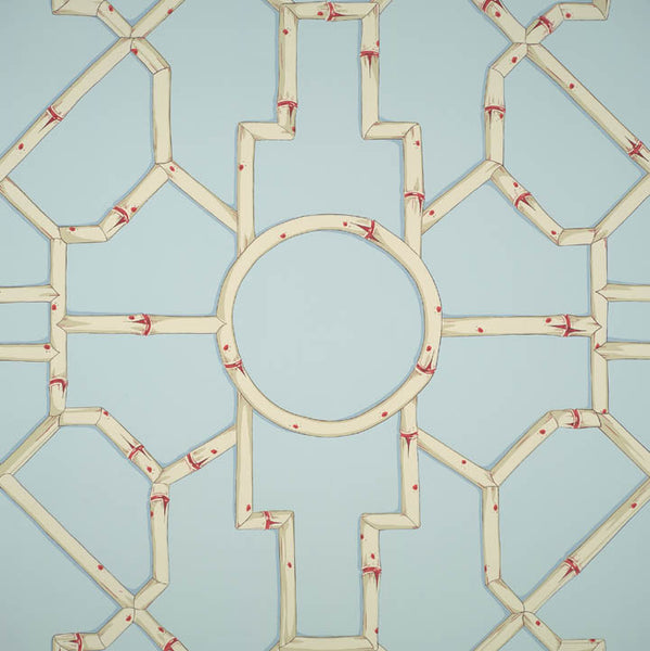 Scalamandre Wallpaper WP81630-004 Baldwin Bamboo Cream & Red On Aqua
