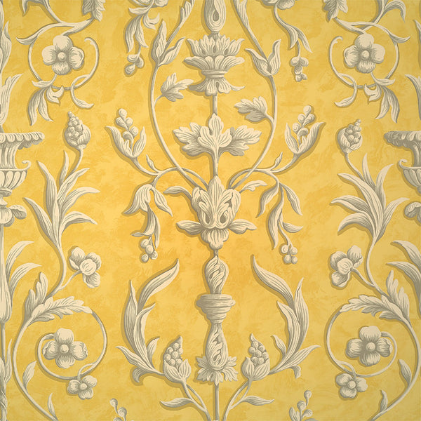 Scalamandre Wallpaper WP81644-002 Arabesque Greys On Yellow Fresco